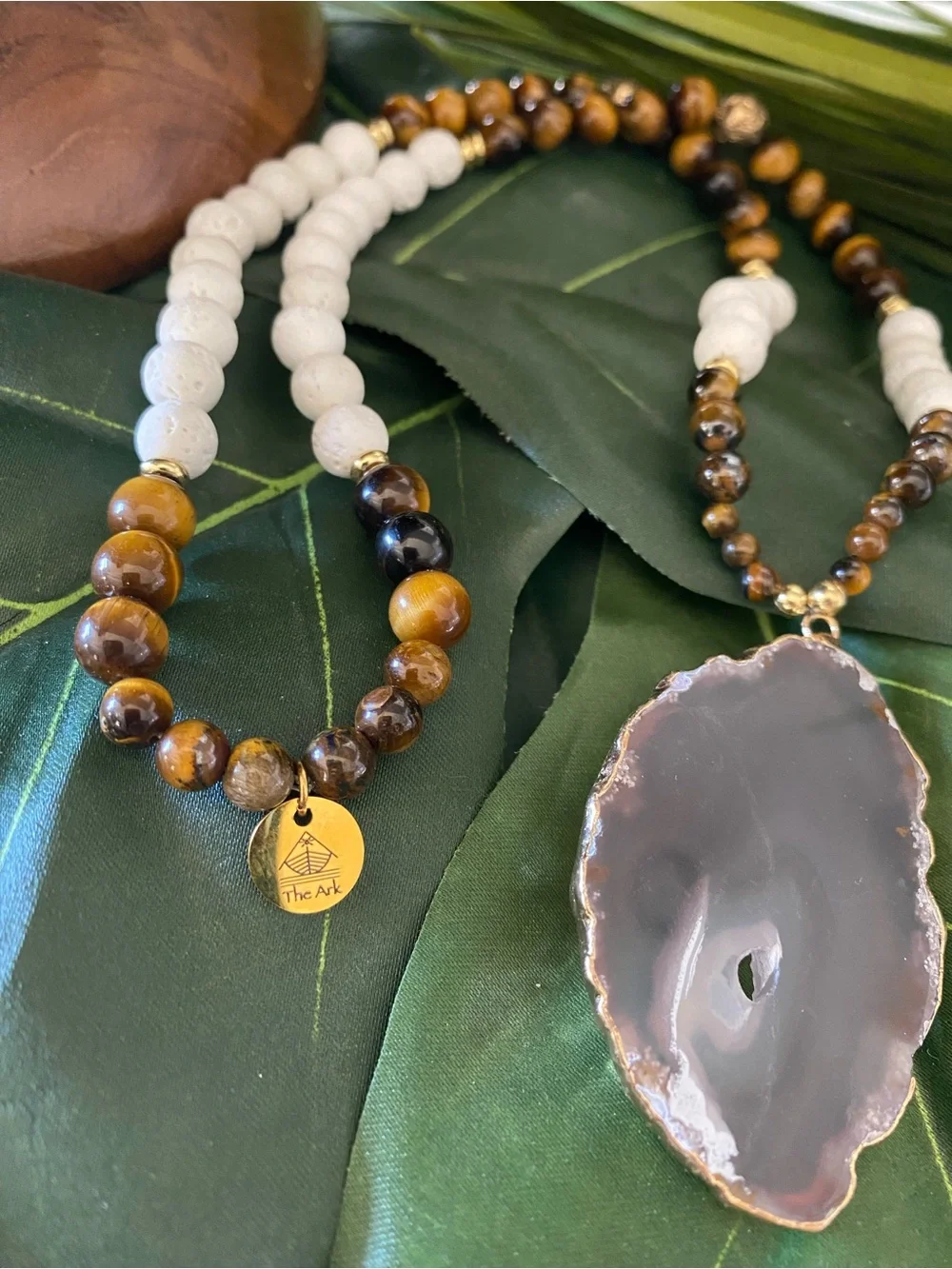 “The Ark Legacy” Handmade Beaded Tiger Eye & White Agate Pendant Necklace